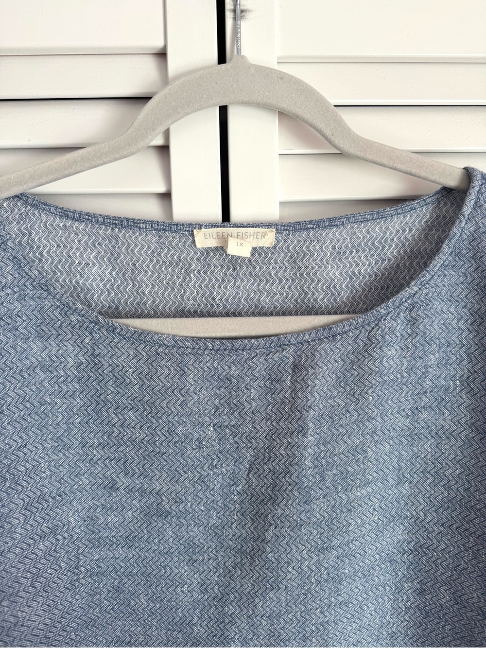 Eileen Fisher Organic Linen Chevron Chambray Bateau Neck 3/4 Sleeve Top Size 1X - Picture 3 of 8
